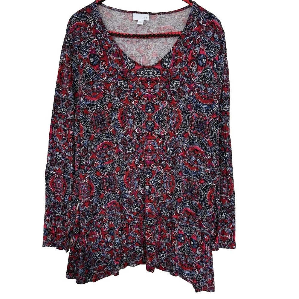 J Jill Womens Paisley Tunic Top Size L Red Long Sleeve Relaxed Boho Chic Artsy